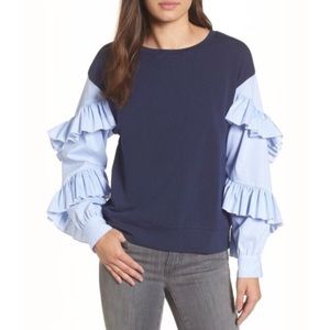 Halogen Striped Ruffle Poplin Sleeve Sweatshirt XS